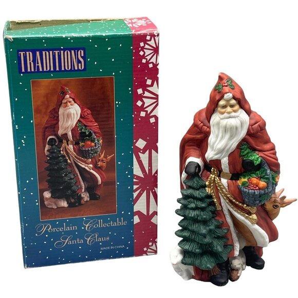traditions porcelain collectable Santa Claus figurine reindeer tree red 8" READ - Picture 1 of 6
